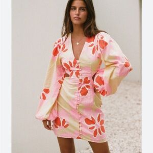 Sabo Skirt Pink & Cream Floral Puff-Sleeve Mini Dress
